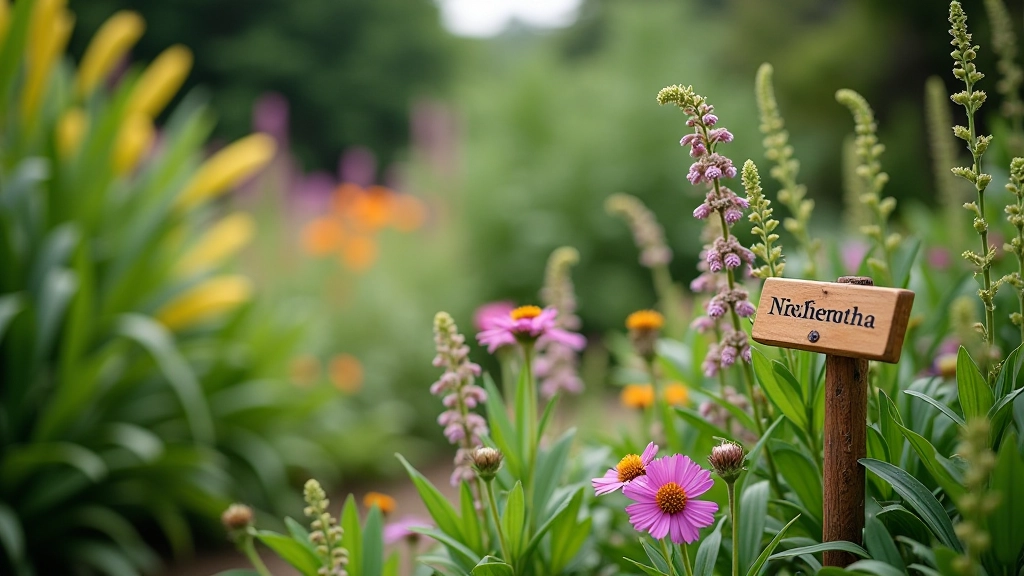 Detalle de plantas aromáticas con placas identificatorias en el jardín histórico