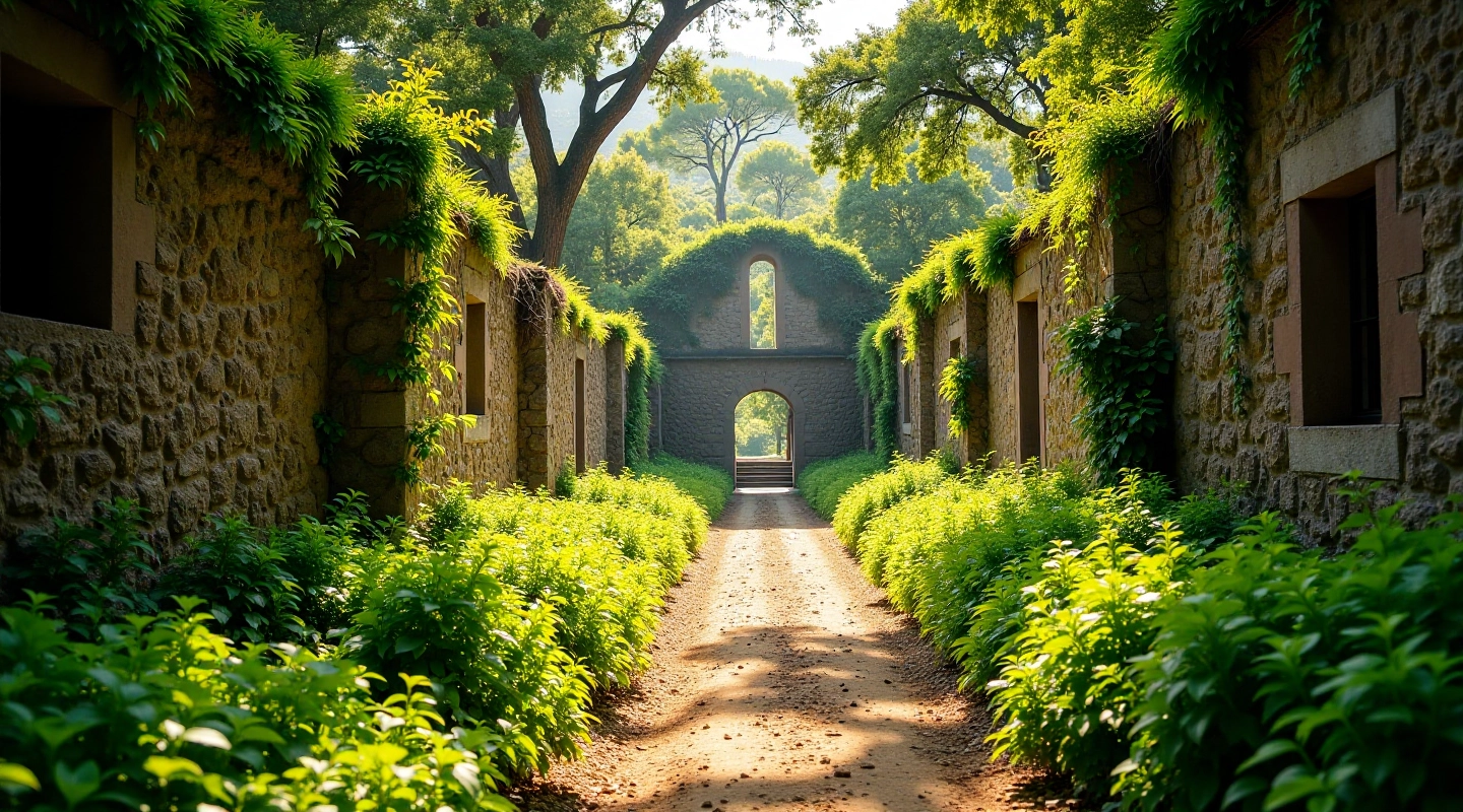 Ruinas de piedra de misión jesuita rodeadas de vegetación verde, con sendero de tierra bien mantenido