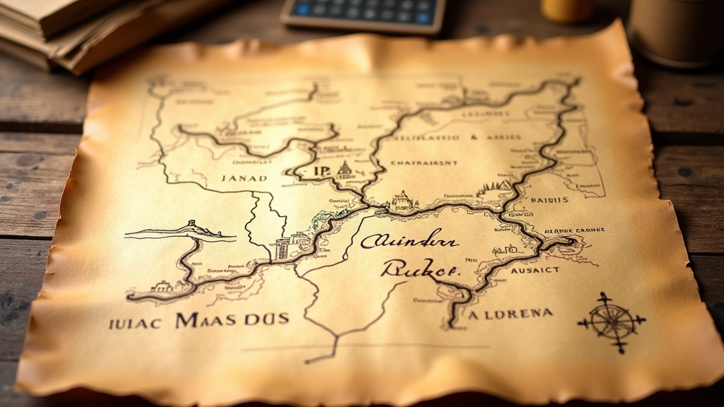 Mapa histórico de la misión jesuita con rutas trazadas, distancias y puntos de referencia anotados