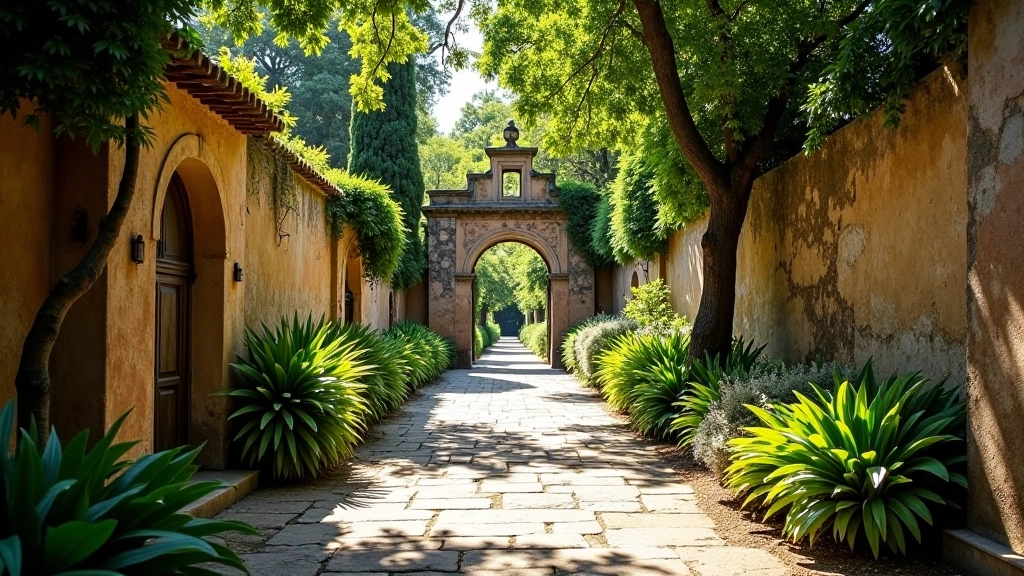 Camino de piedra histórico con arcos de ruinas coloniales en San Ignacio Miní