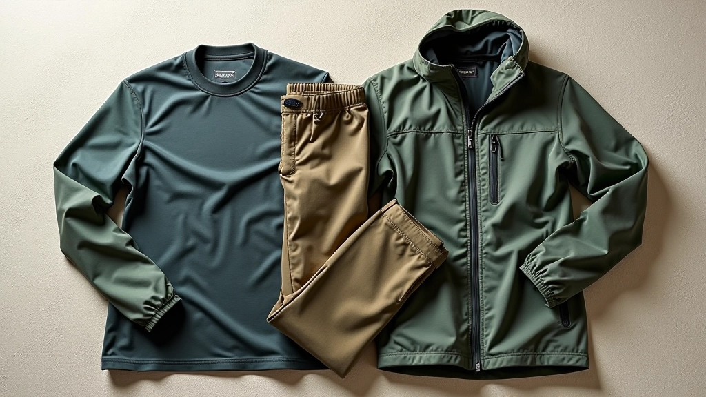 Conjunto de ropa de senderismo en capas: remera técnica, pantalón de trekking y campera ligera doblados ordenadamente