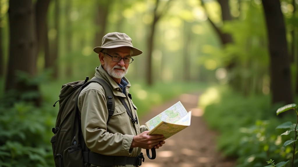Persona sosteniendo un mapa impreso de las ruinas jesuitas, estudiando la ruta mientras está de pie en el sendero, bosque verde de fondo