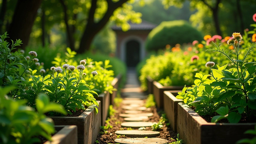 Plantas medicinales como malva y tilo creciendo en canteros elevados del jardín jesuita