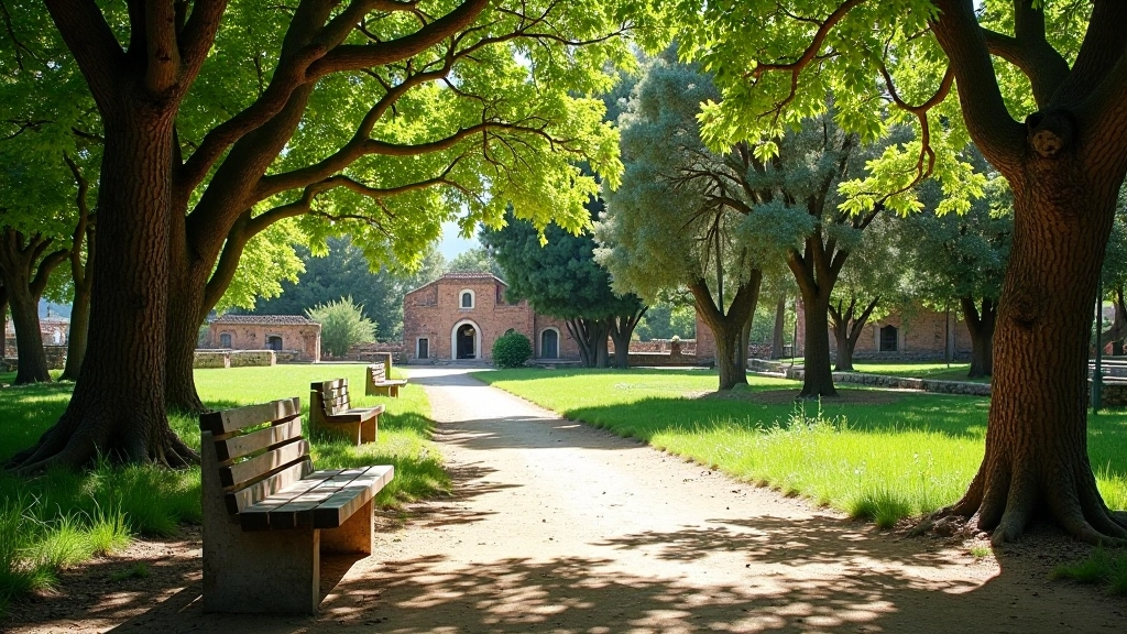 Punto de descanso sombreado en el sendero con bancos de piedra, vista hacia las ruinas jesuitas y vegetación verde circundante