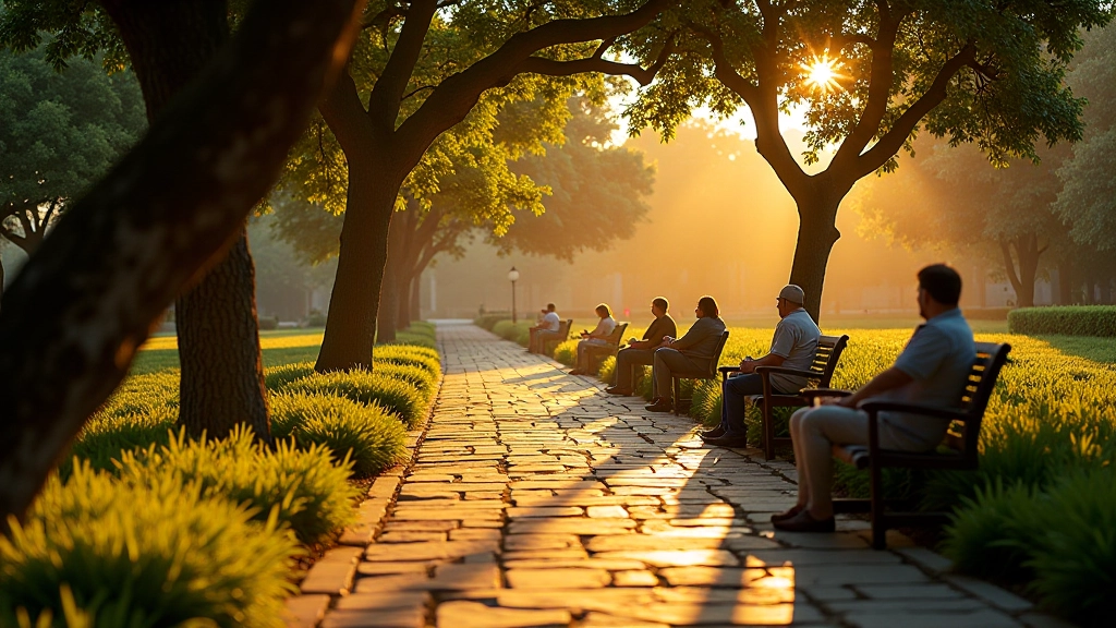Visitantes descansando en bancos durante el atardecer en los jardines jesuitas