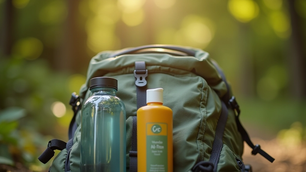 Botella de agua deportiva y protector solar dispuestos sobre tela de mochila en tonos neutros
