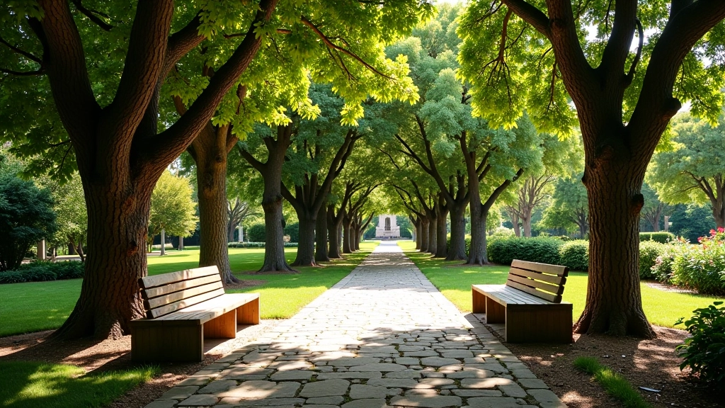 Bancos de madera bajo árboles grandes en el jardín histórico con sendero de piedra